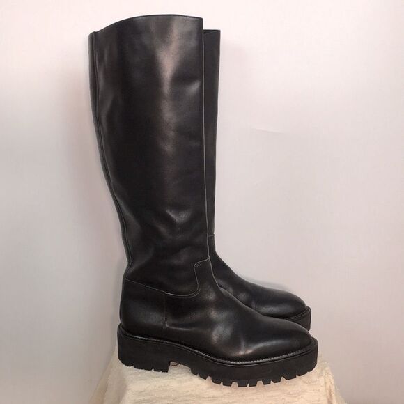 Alexander Wang Platform Tall Over the Knee Black Leather Lug Boots Sz EU 39 US 9 - Picture 1 of 16